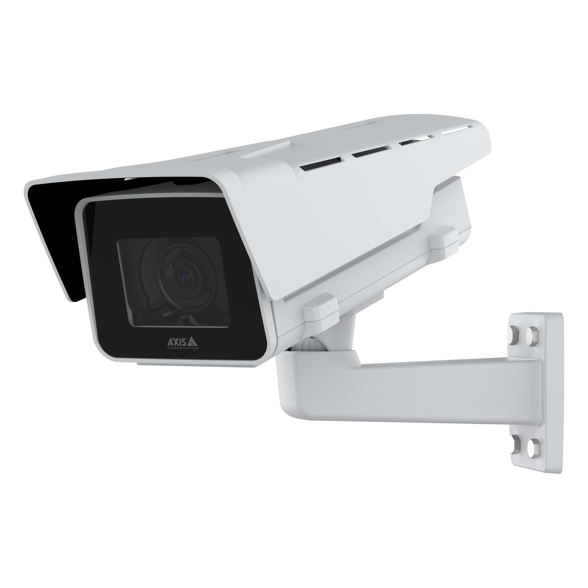 A white AXIS P1385-E outdoor box camera mounted on a matching wall bracket, featuring a protective sunshield and a robust, impact-resistant design.