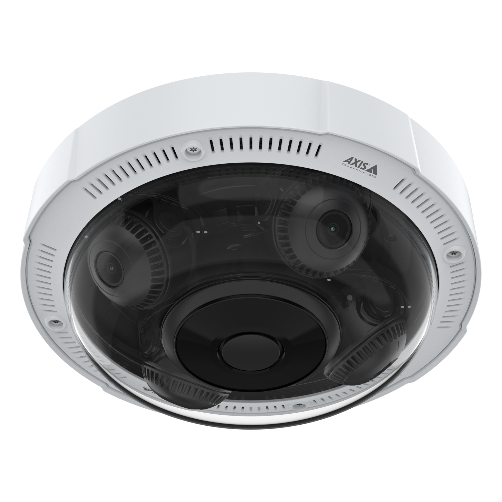 Side profile of the AXIS P3735-PLE white network camera, displaying the weather shield and adjustable internal sensor modules.