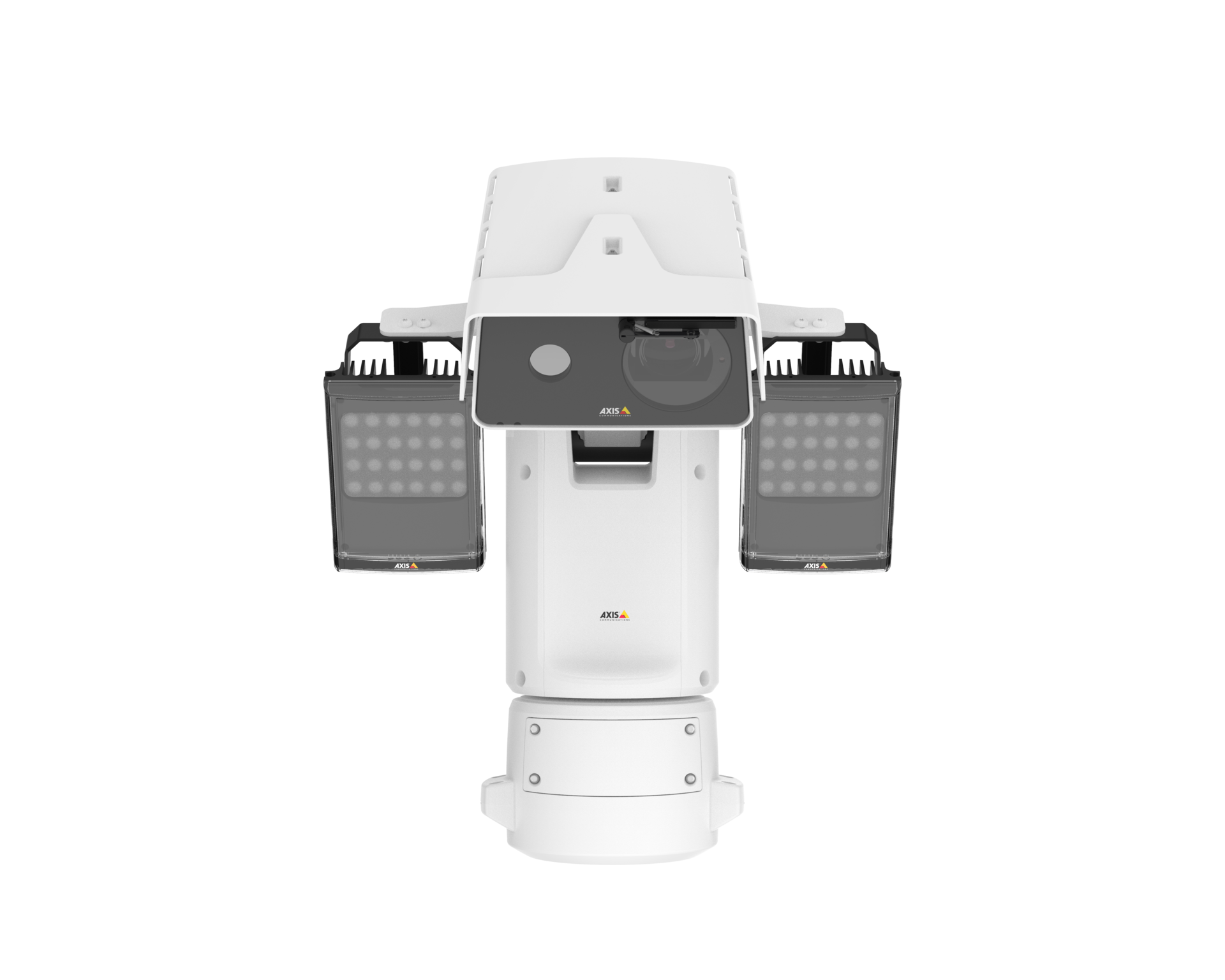 Front view of the AXIS Q8752-E Mk II Bispectral PTZ Camera featuring dual thermal and visual lenses flanked by long-range IR illuminators.