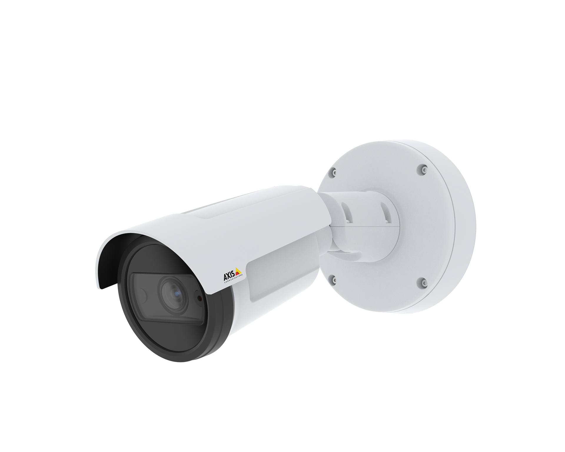 A white AXIS P1455-LE bullet-style network camera mounted on a wall bracket against a solid black background.