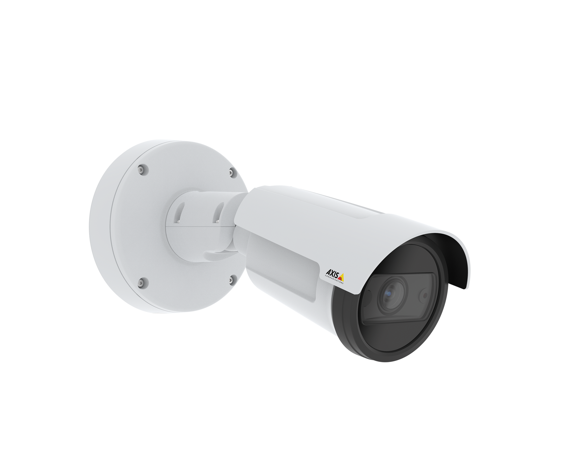 A white AXIS P1455-LE bullet-style network camera mounted to a wall bracket, angled toward the right against a solid black background.