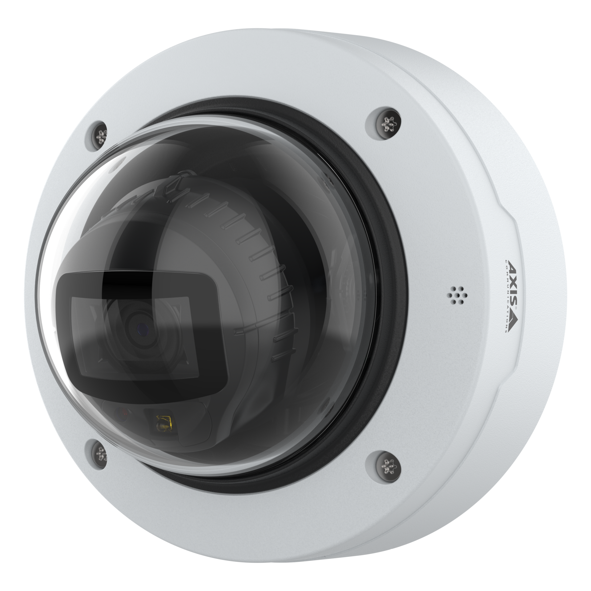 A white AXIS dome security camera mounted against a black background, showing the lens behind a clear protective bubble and the AXIS logo on the side.