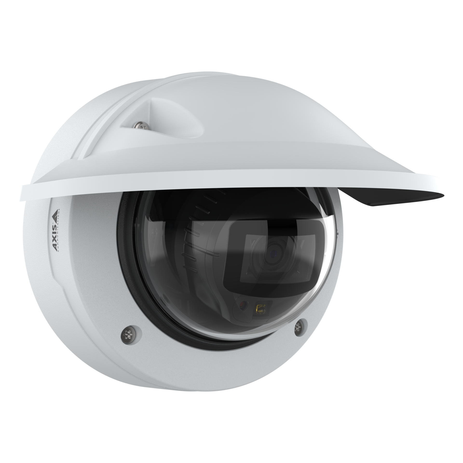 A white AXIS outdoor dome security camera mounted on a wall, featuring a protective weather shield and a black lens housing behind a clear dome.
