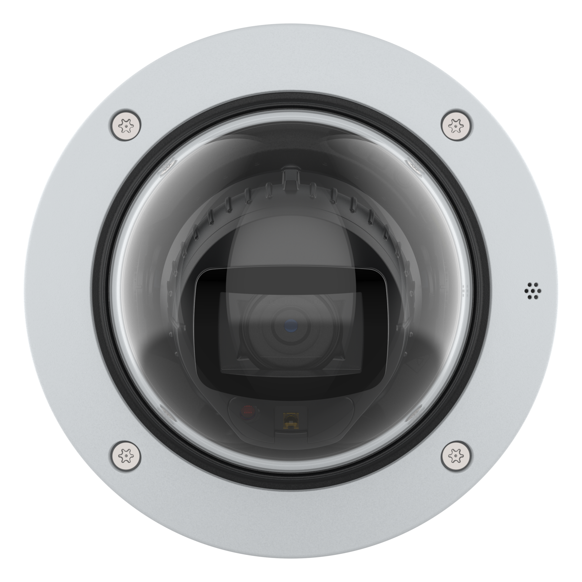 A front-facing, close-up view of a white AXIS P3288-LV dome security camera with a clear protective bubble, black interior housing, and four mounting screws on the circular rim.