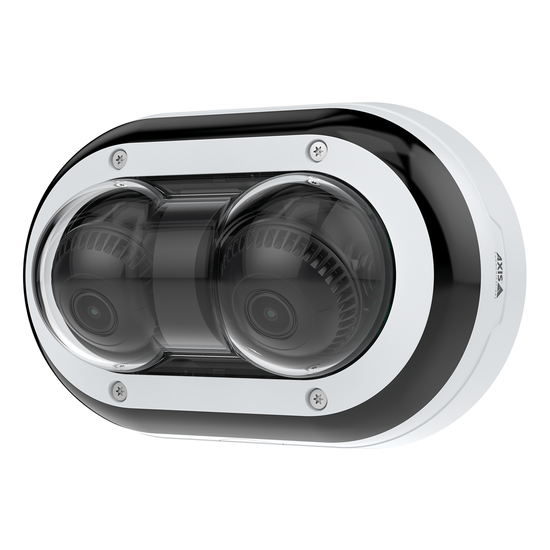 A white and black AXIS P4705-PLVE dual-sensor panoramic dome camera viewed from a left angle.