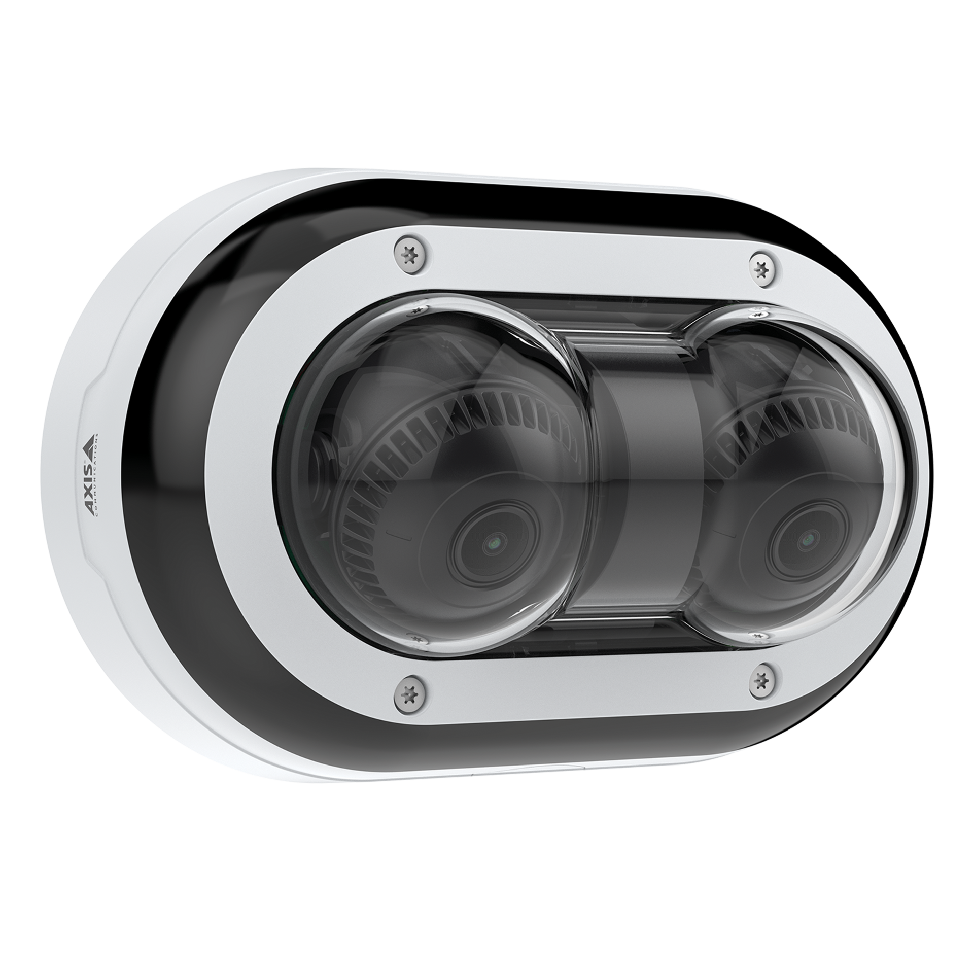 A white and black AXIS P4705-PLVE dual-sensor panoramic dome camera viewed from a right angle.