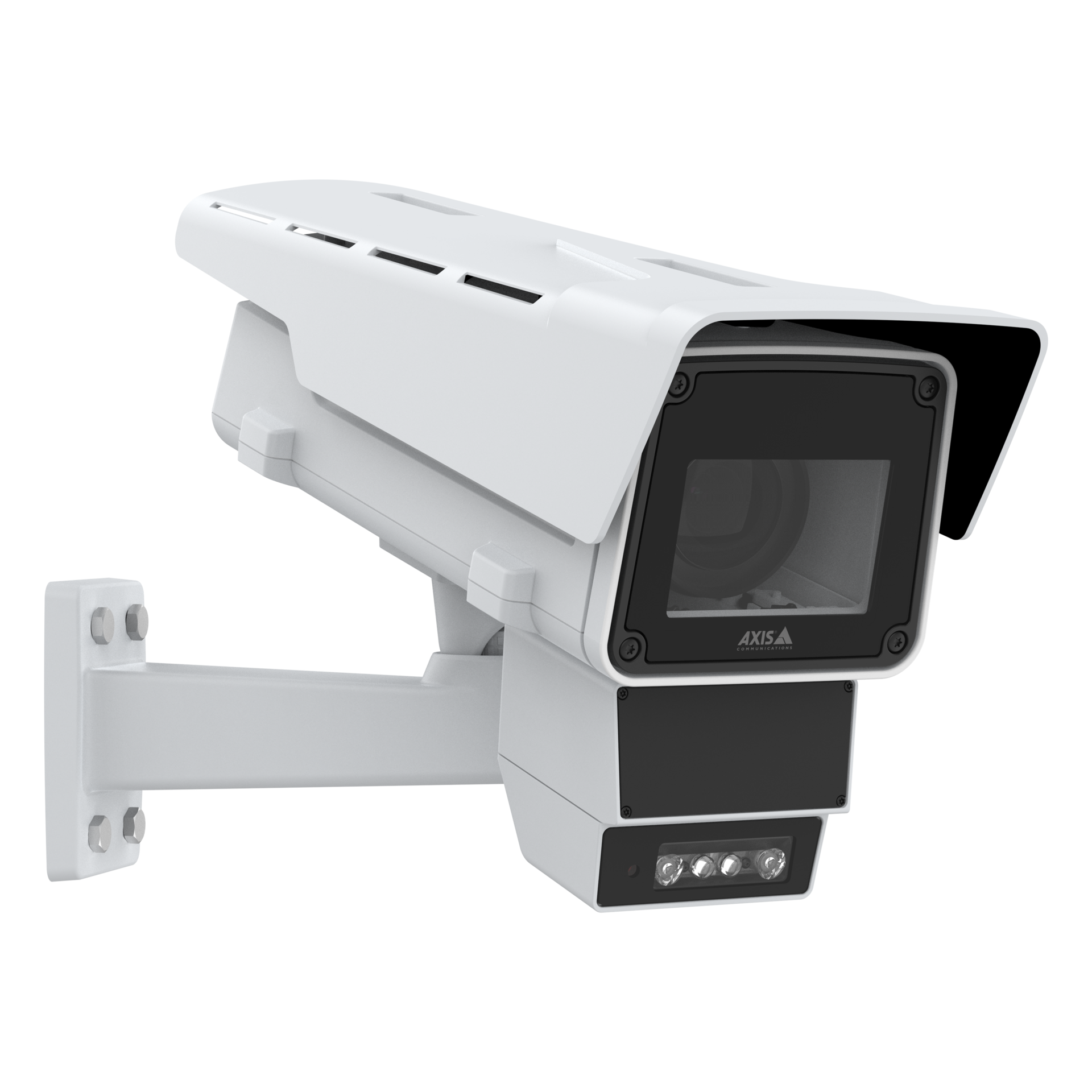 Right-angled profile of the white AXIS Q1666-DLE outdoor security camera, featuring a ventilated sunshield, main optical lens, radar panel, lower IR illuminators, and a heavy-duty wall mount bracket.