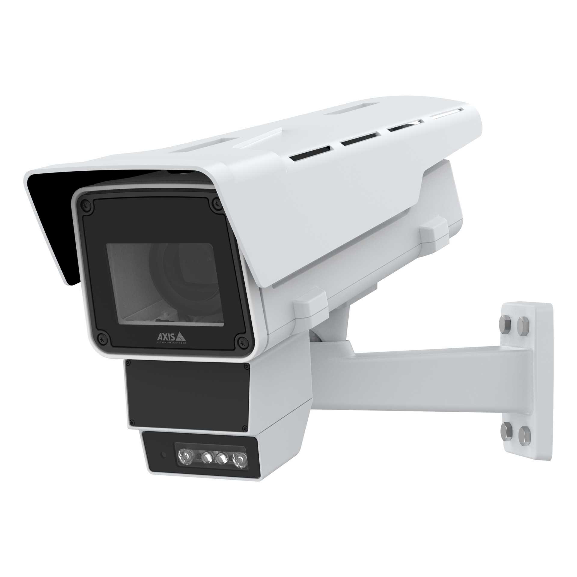 Left-angled profile of the AXIS Q1686-DLE radar-video fusion security camera, showing the ventilated sunshield, main lens, radar panel, IR illuminators, and wall mount bracket.