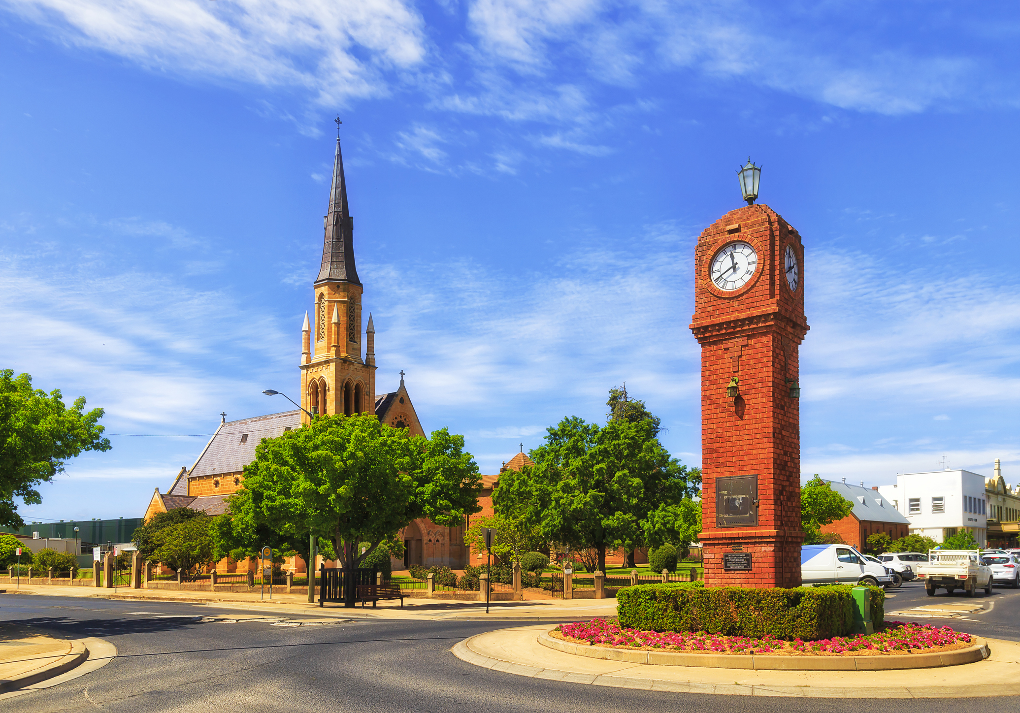 View of the historic Mudgee Clock Tower and St Mary's Catholic Church, representing the JD Security service area in the Mid-Western Region.