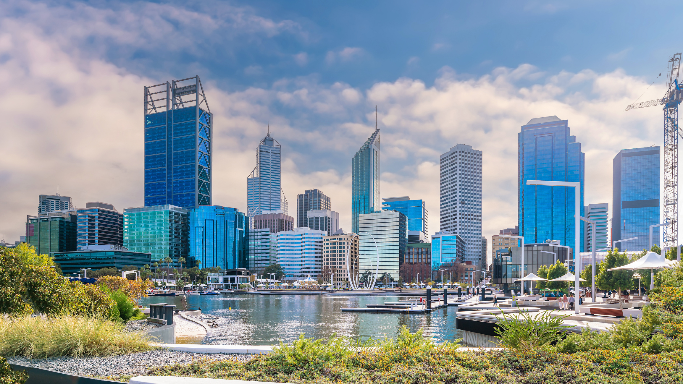 Perth city skyline from Elizabeth Quay near JD Security’s Perth office.