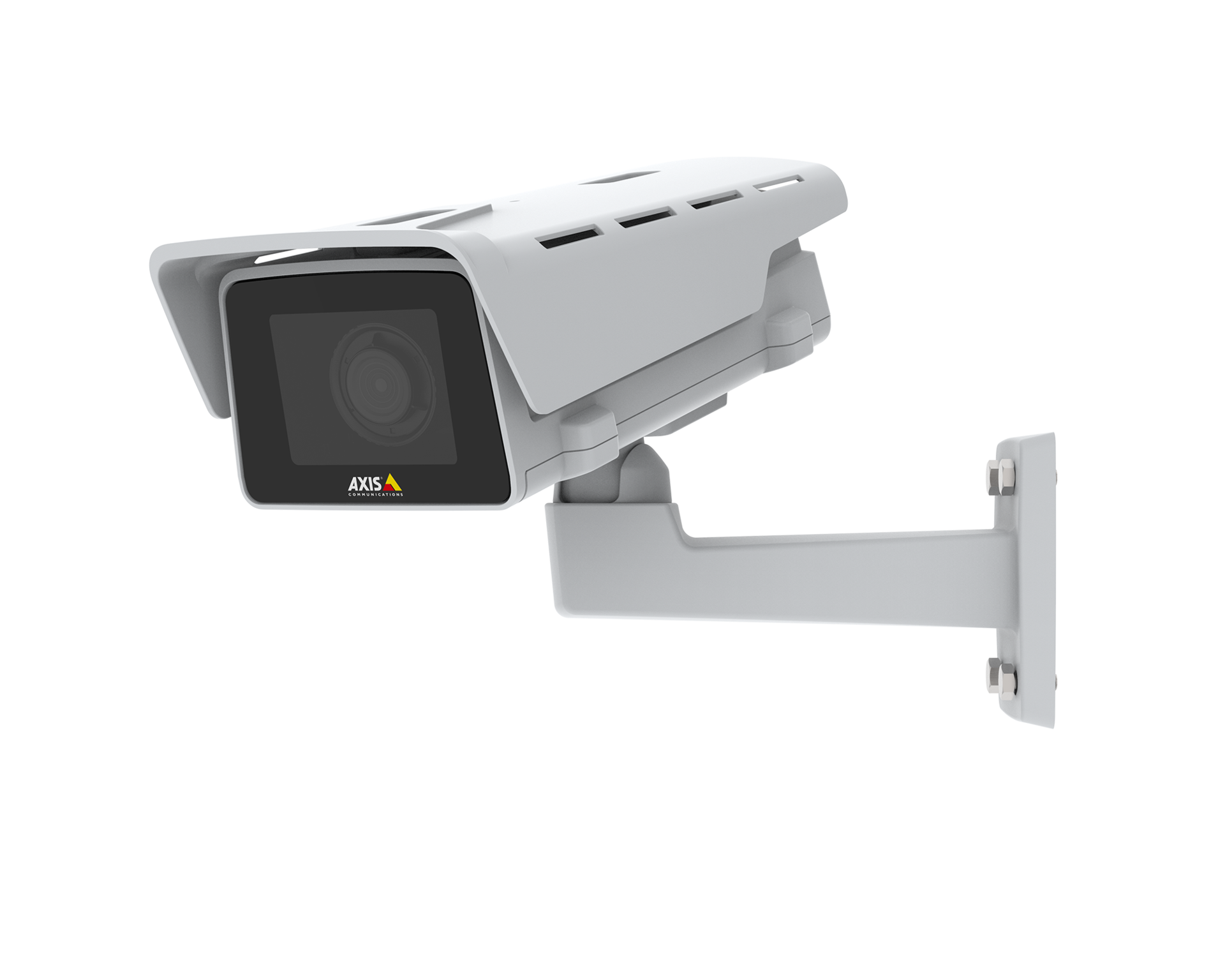 AXIS M1137-E Fixed Box Camera mounted on a wall bracket, shown from a left-facing angle.
