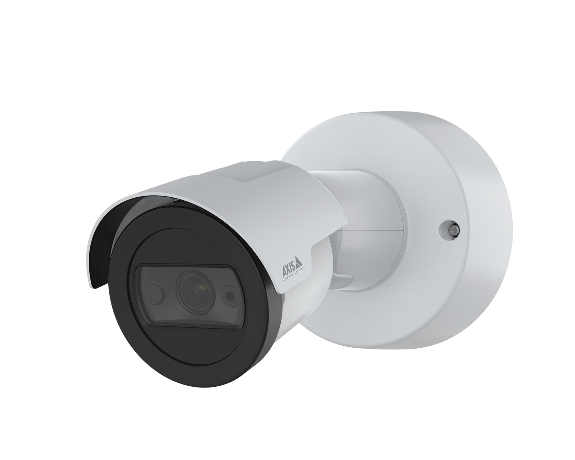 An AXIS M2036-LE bullet network camera with a dark circular front face, angled towards the left against a solid black background.