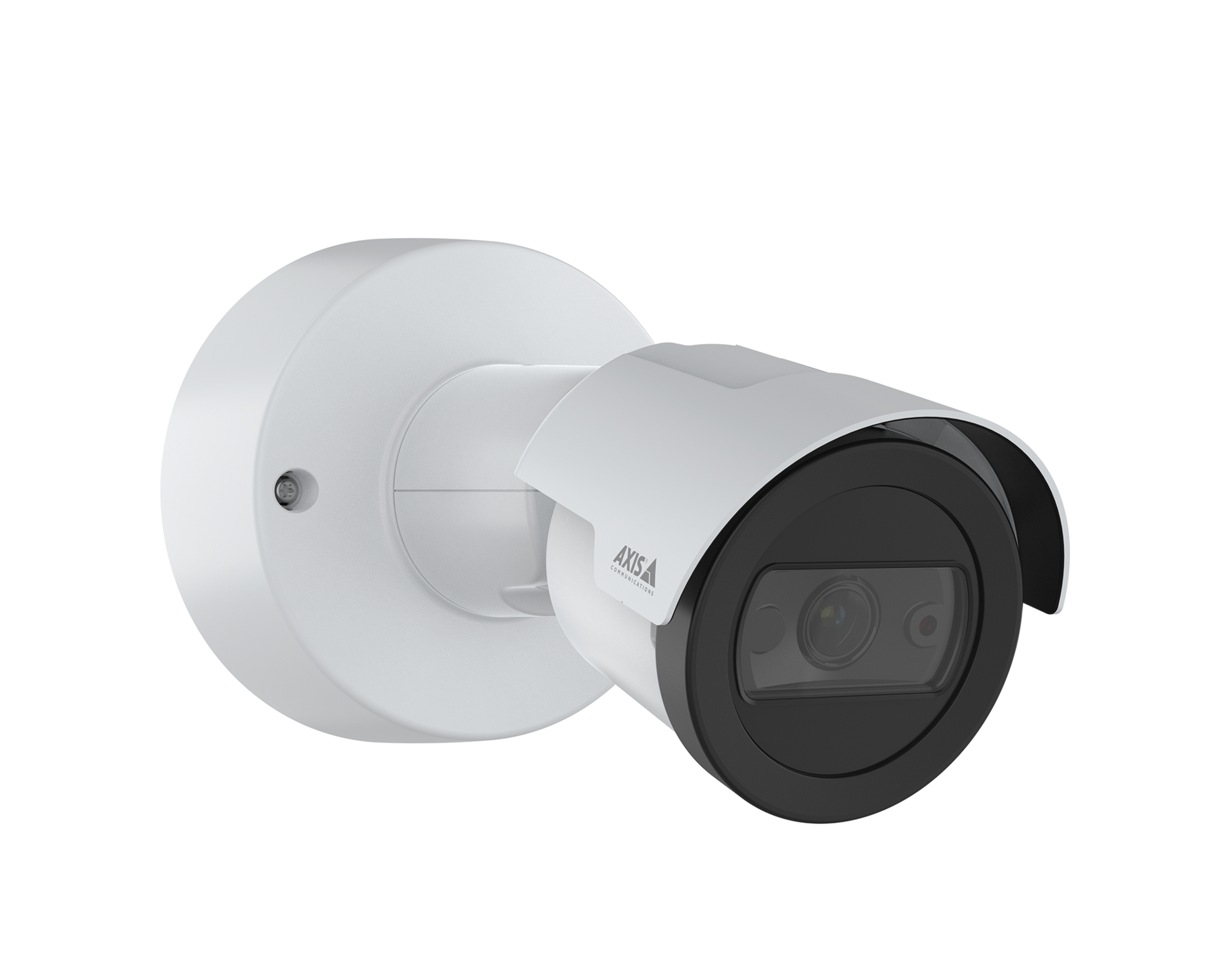 A white AXIS M2036-LE bullet network camera with a black front face, angled towards the right against a solid black background.