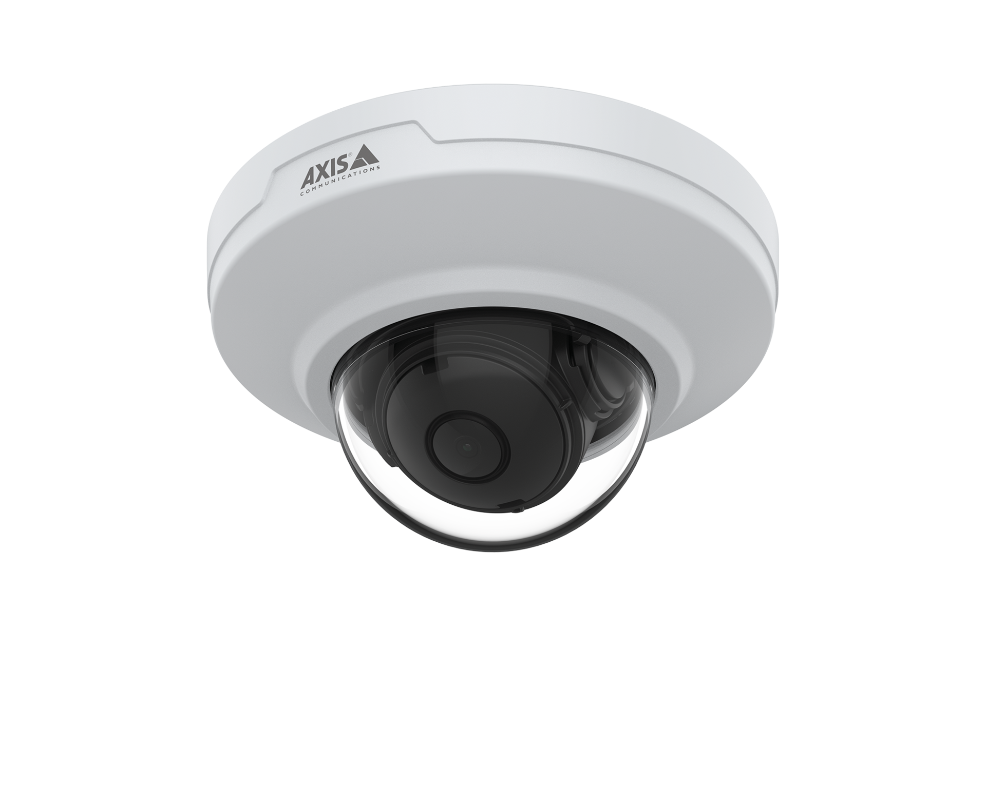 AXIS M3088-V fixed mini dome camera, angled left view, with white housing and dark tinted dome bubble against a black background.