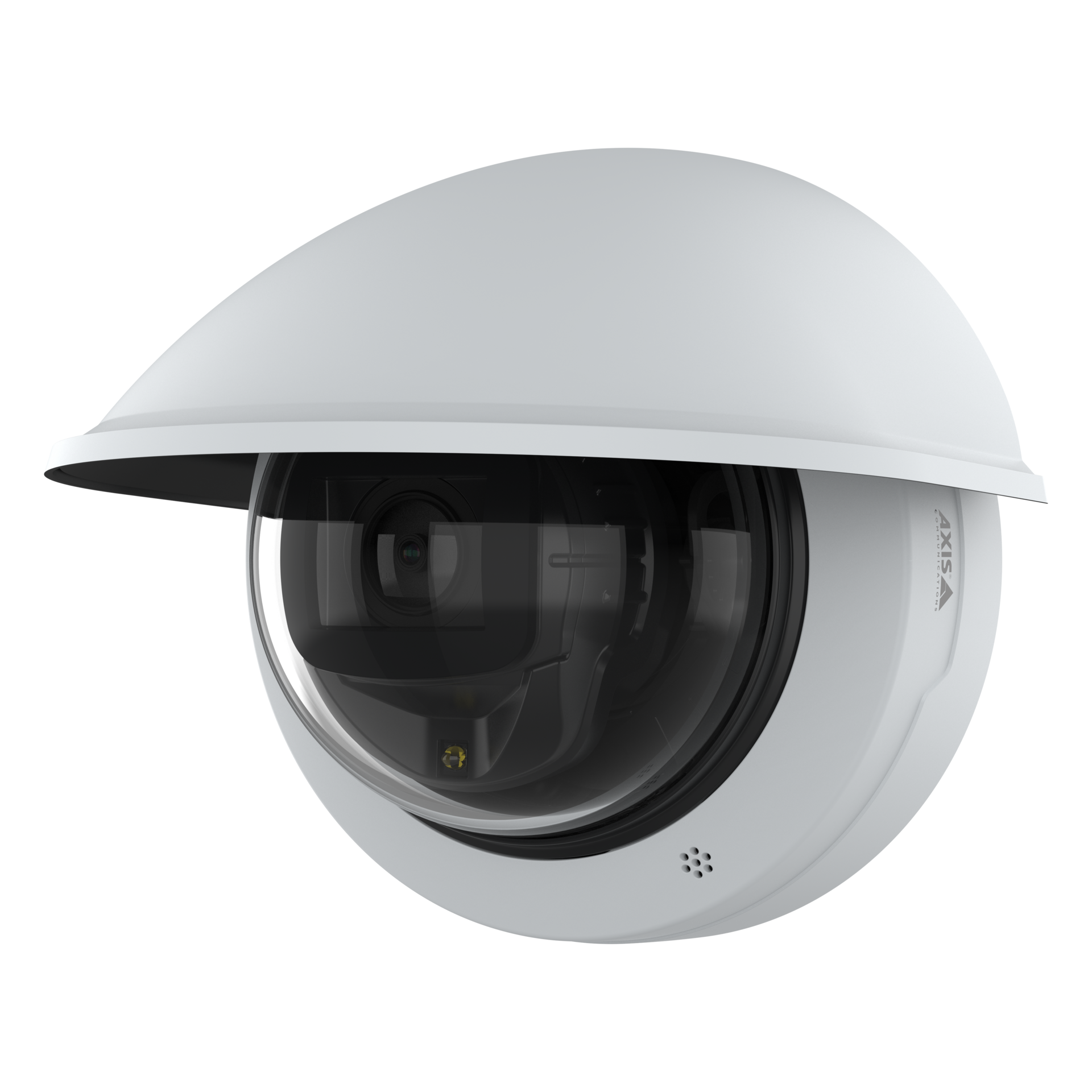 AXIS M4227-LVE dome network camera with weather shield, shown at an angle from the left.