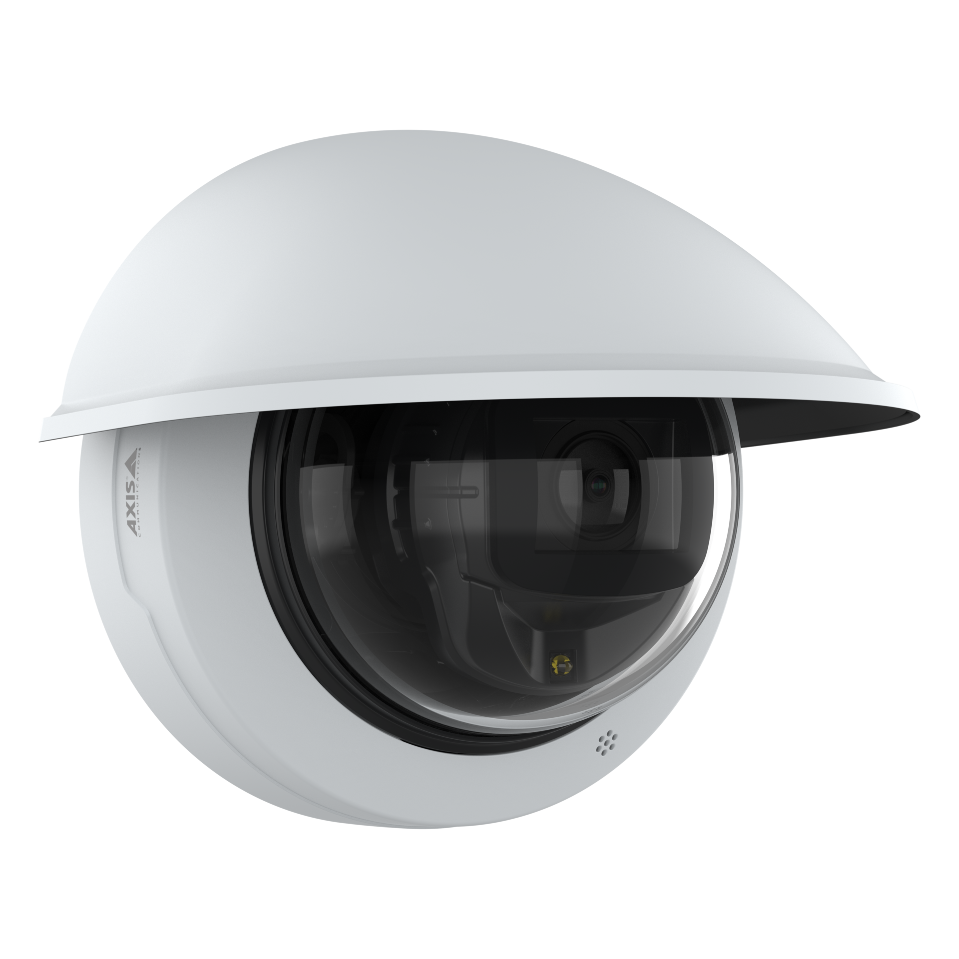 AXIS M4227-LVE dome camera with weather shield, shown at an angle to reveal the multi-sensor lens assembly beneath a white protective dome and sun/rain guard.