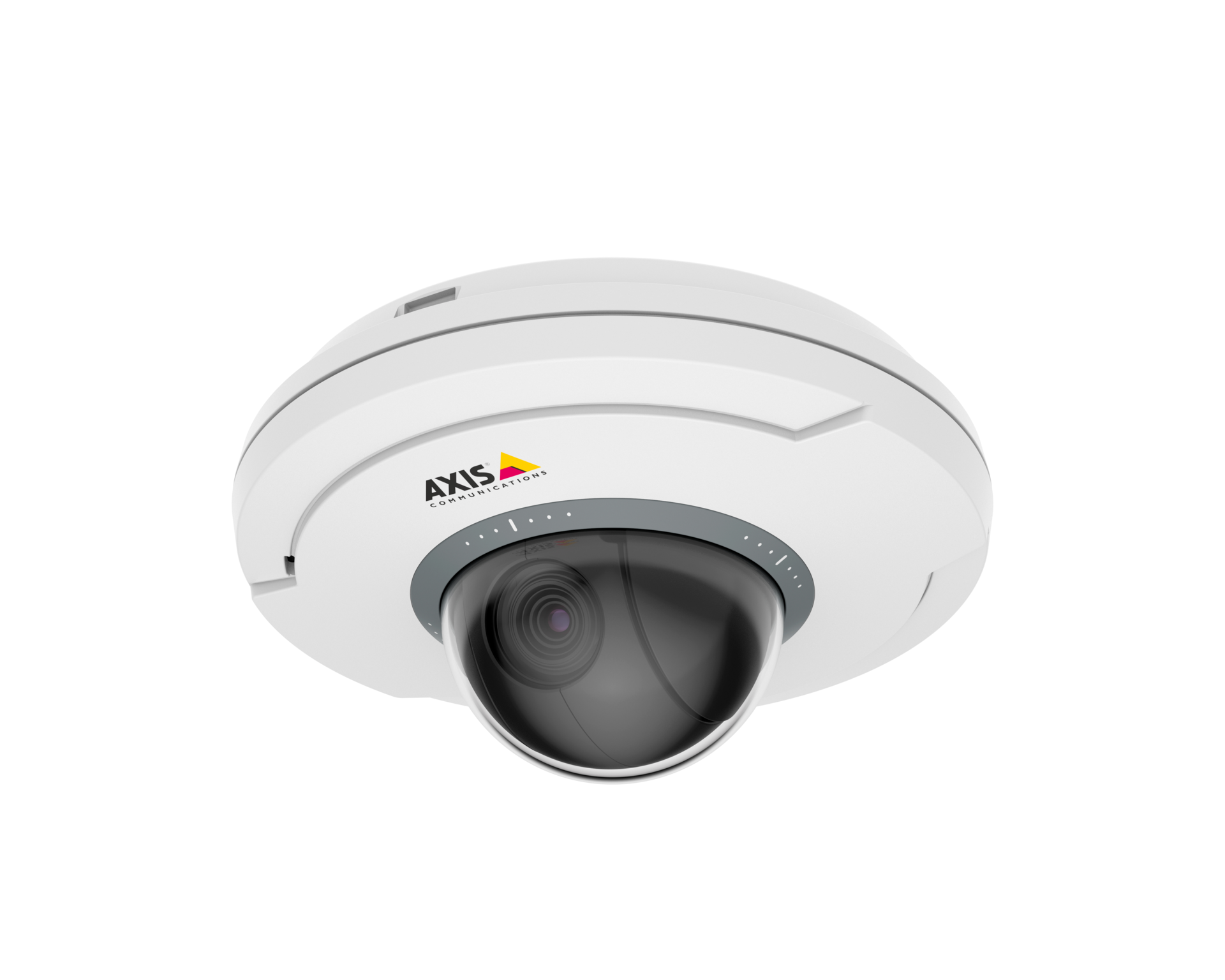 AXIS M5074 PTZ mini dome network camera, angled left view, white housing with dark dome