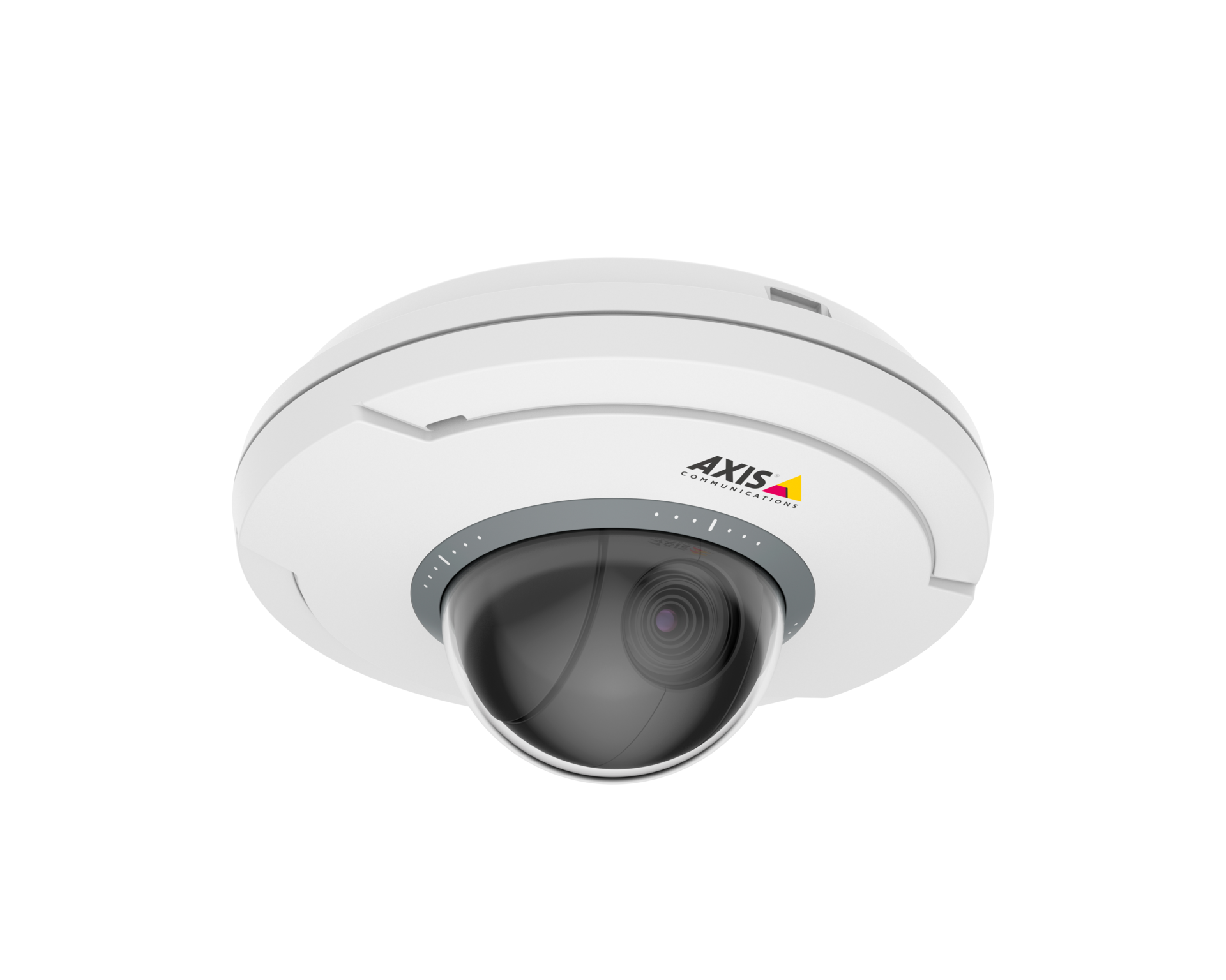 AXIS M5074 PTZ mini dome camera, viewed from a right angle, showing the dark tinted dome housing and dual lens against a white background.