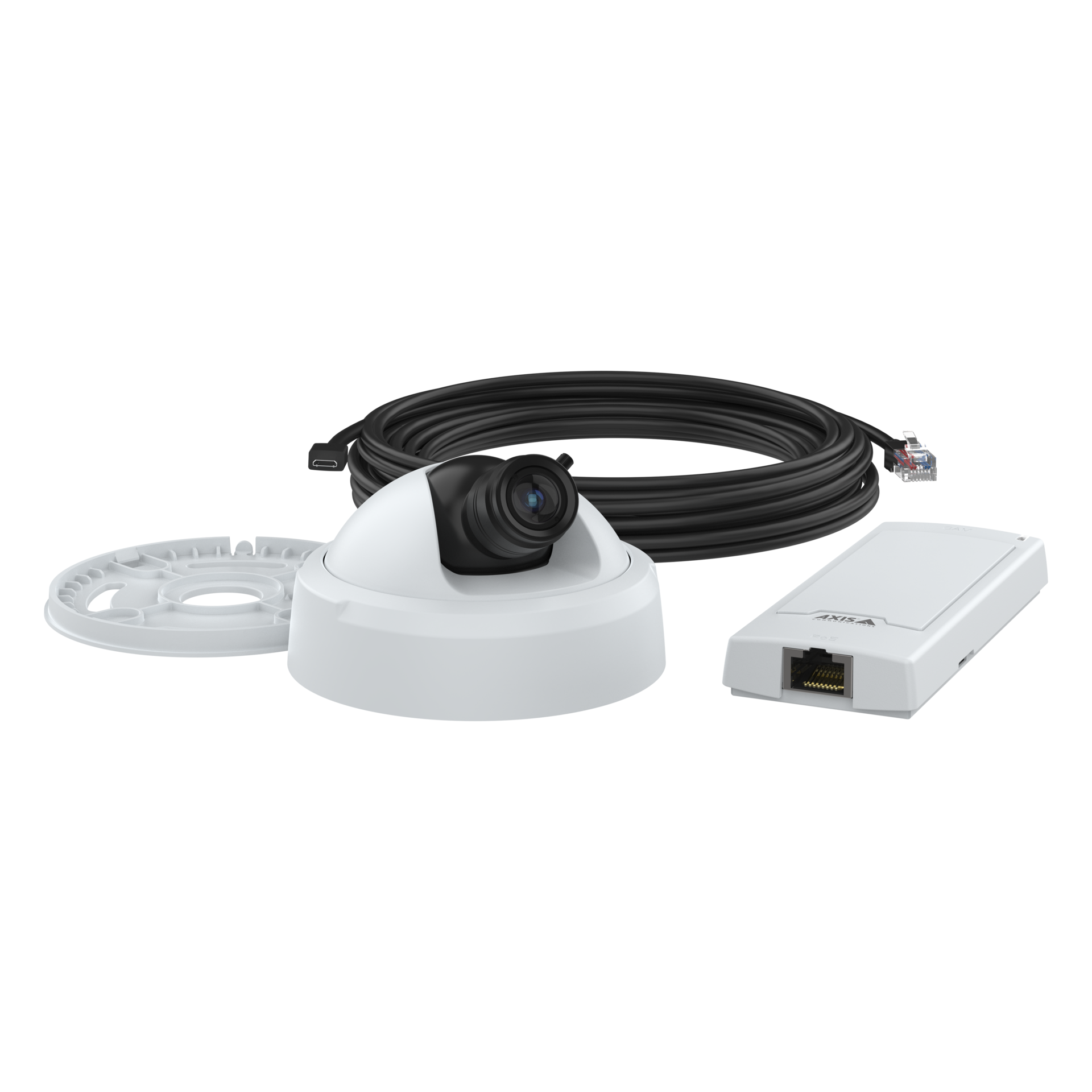 AXIS P1275-Mk II mini dome camera shown with included accessories: mounting bracket, Ethernet cable with RJ45 connector, and AXIS midspan/power injector unit.