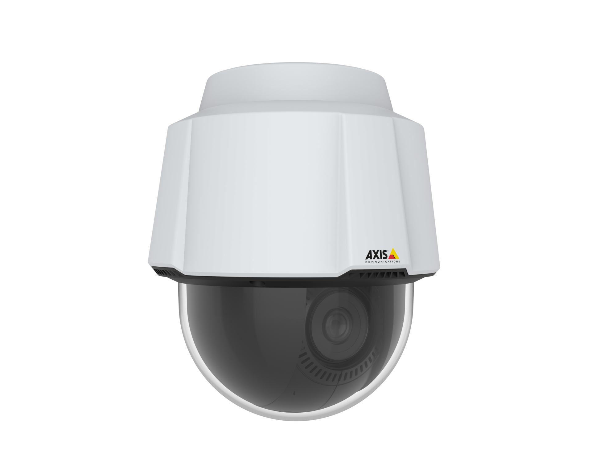 AXIS P5655-E PTZ dome camera in white housing with dark tinted dome cover, viewed from the front at a slight angle.