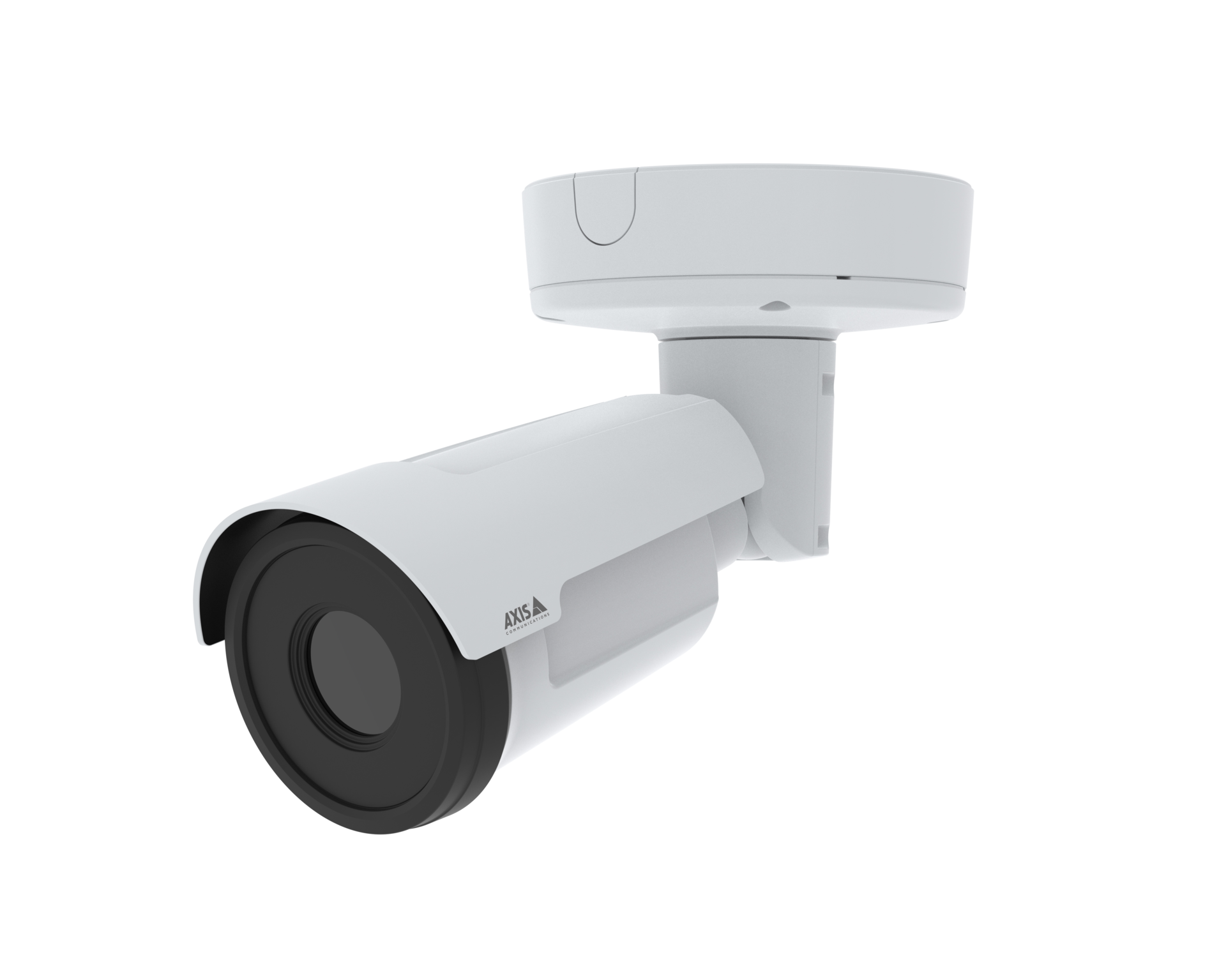 AXIS Q1961-TE thermal bullet camera mounted on a wall bracket, shown from a left angle view against a white background.