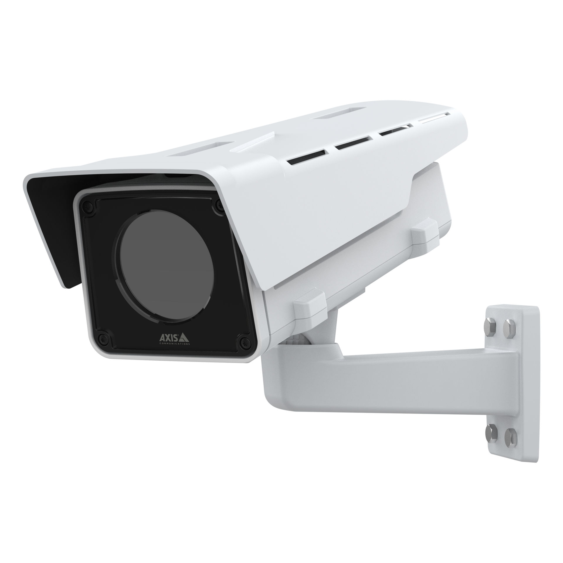 AXIS Q2111-E fixed box camera mounted on a wall bracket, shown from a left angle.