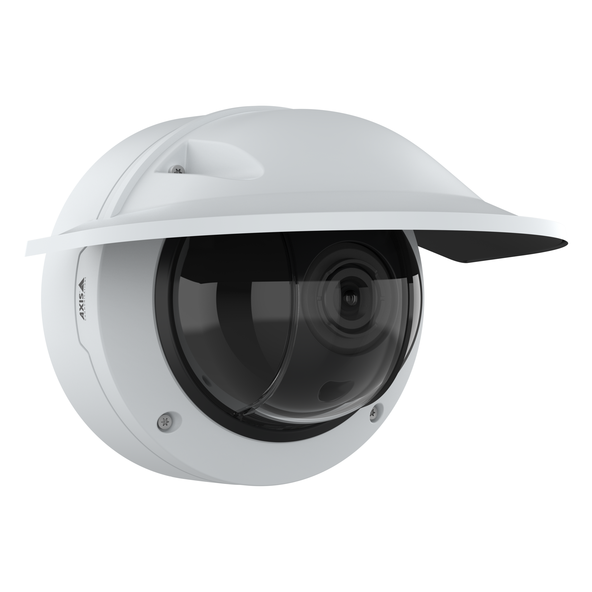 AXIS Q3548-LVE dome camera with weather shield, shown at an angle to reveal the varifocal lens behind the dark dome cover.