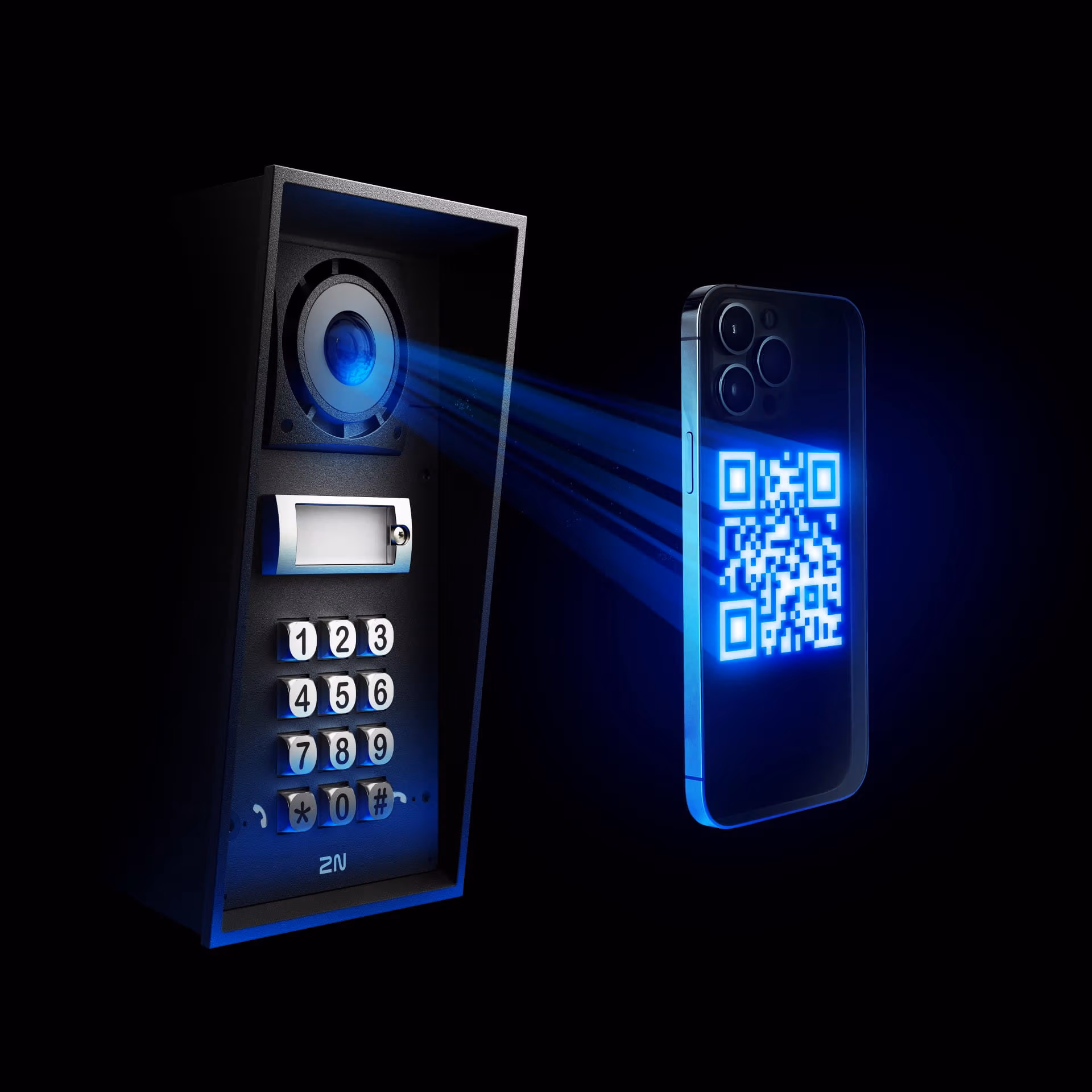 A 2N IP Force intercom unit scanning a glowing blue QR code displayed on a smartphone screen in a dark setting, illustrating touchless access control.