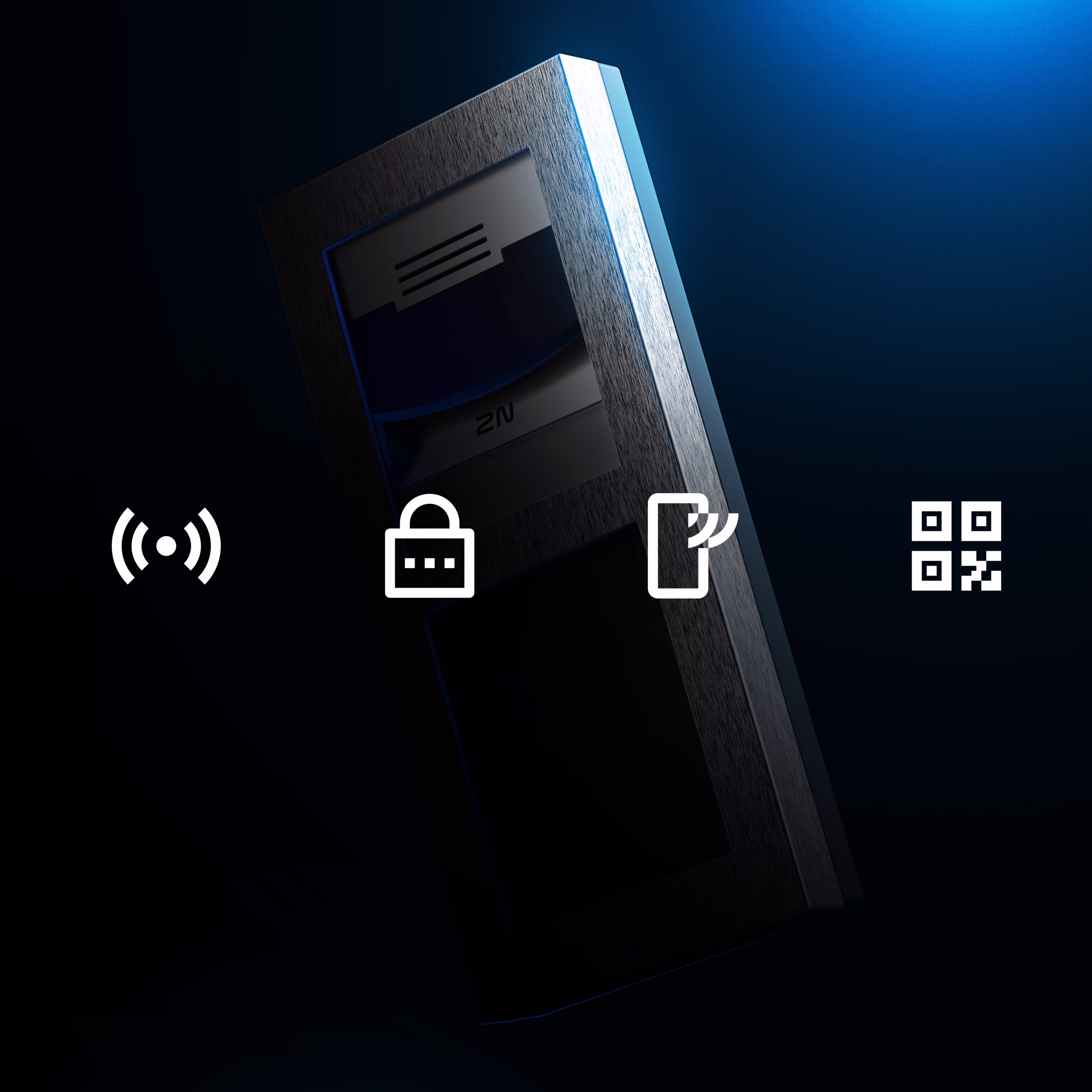A sleek, brushed metal 2N IP Verso 2.0 intercom shown against a dark background with icons representing Bluetooth, PIN code, RFID/NFC, and QR code access.