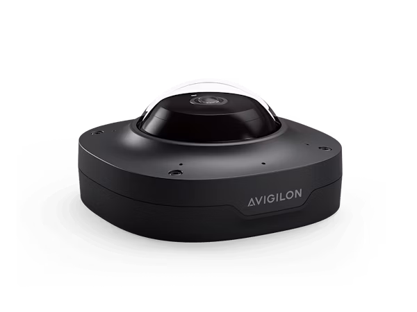 A sleek, black Avigilon Alta H5 360 security camera with a fisheye lens and a low-profile dome design, shown from a side-angled perspective against a white background.