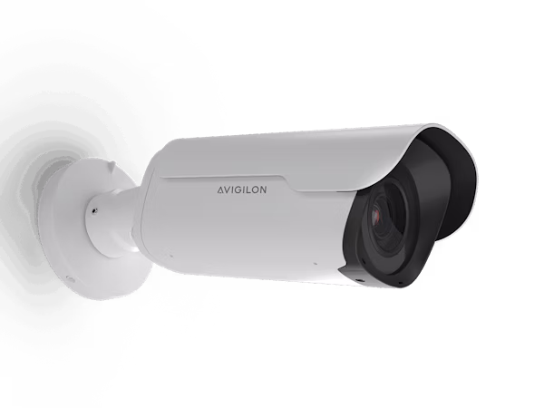 A sleek, white Avigilon Alta A5 bullet security camera mounted on a wall, featuring a modern design with a black lens face and integrated sunshield.