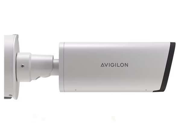An Avigilon Alta H5A bullet camera mounted on a wall, featuring infrared sensors and a sleek white weather-resistant housing.