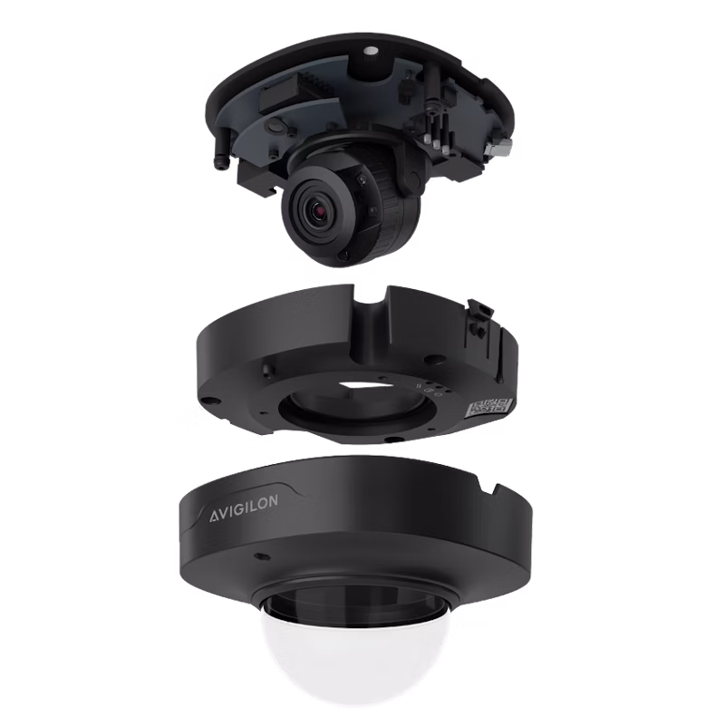 An exploded 3D render of a black Avigilon Alta A5 Compact Dome camera showing the internal lens assembly, the mounting base, and the outer dome cover with a clear bubble.