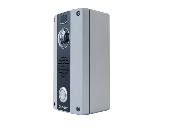 Avigilon H4 Video Intercom mounted in a grey weather-resistant housing, featuring a wide-angle camera lens, built-in speaker, and a circular call button.