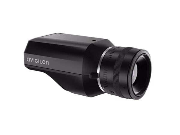 A side profile view of a black Avigilon H5 Pro box camera with a large, high-resolution short lens attached.