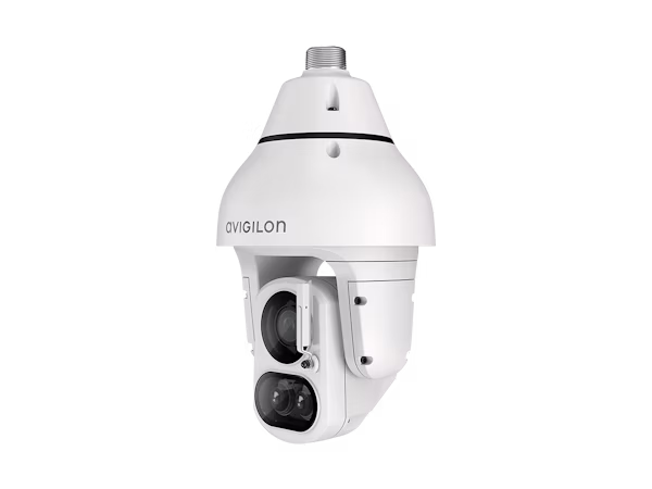 An Avigilon H5A IR PTZ outdoor security camera with a white pendant mount housing, featuring integrated infrared illuminators and a high-zoom lens.