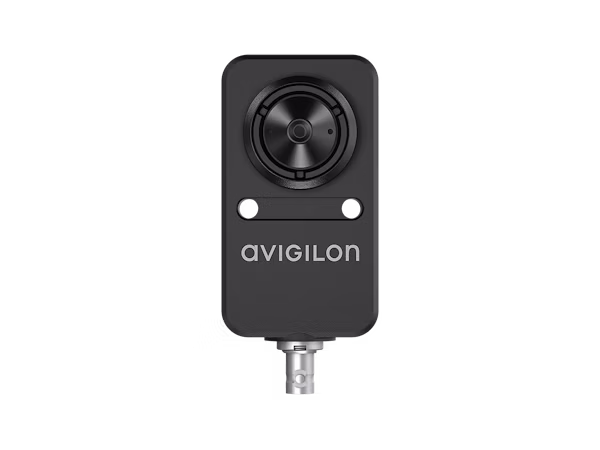Front view of a black rectangular Avigilon H5A Modular Camera imager module featuring a circular lens and silver connector at the bottom.