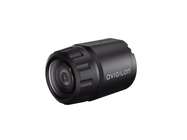 A compact, cylindrical black Avigilon H5A Modular Camera module with a wide-angle lens and the Avigilon logo on the side.