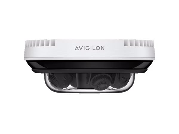 A white and black Avigilon H5A Multisensor security camera with four adjustable lens modules visible under a clear dome.