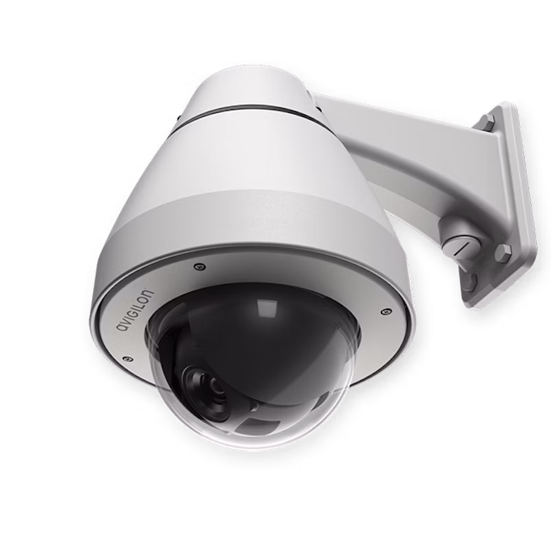 A white Avigilon H5A PTZ dome security camera mounted on a professional-grade wall bracket against a plain white background.