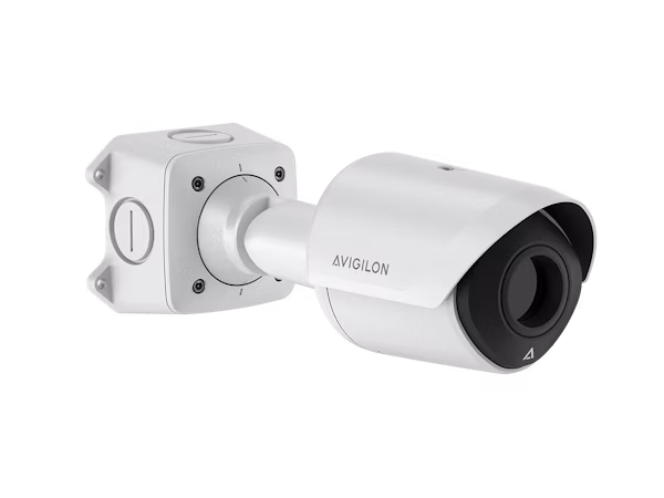 A white Avigilon H5A Thermal camera mounted on a junction box, showing its sleek bullet-style design and front-facing thermal lens.