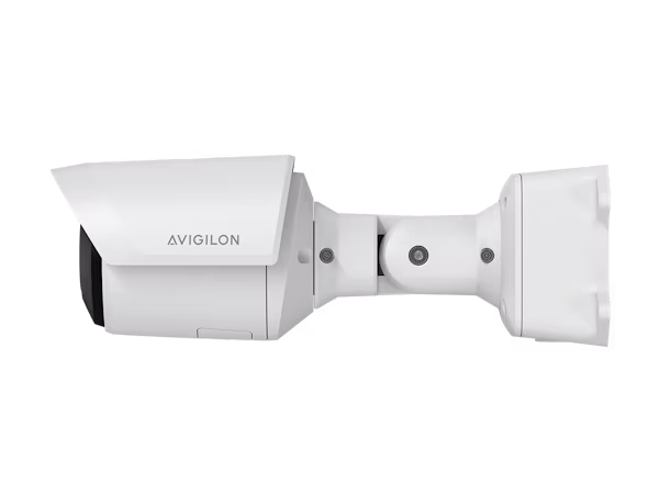 A side profile view of a white Avigilon H5A Thermal camera mounted on an adjustable wall bracket against a plain white background.