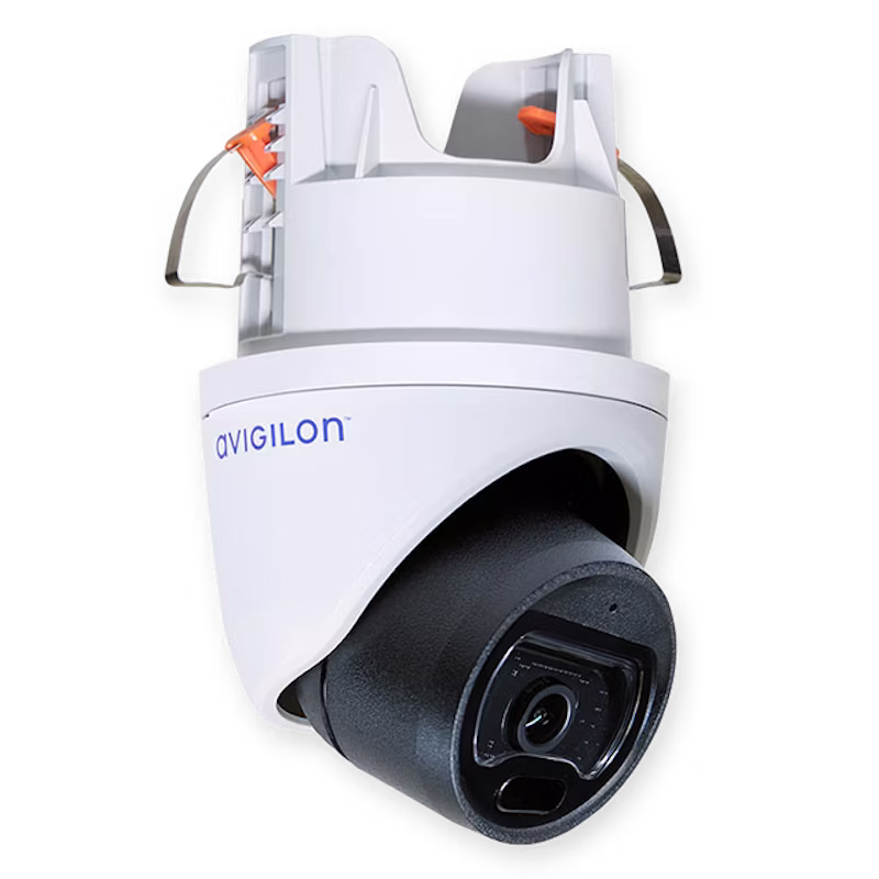 A studio shot of an Avigilon H5M outdoor mini dome camera featuring its white modular mounting base and black adjustable lens housing.
