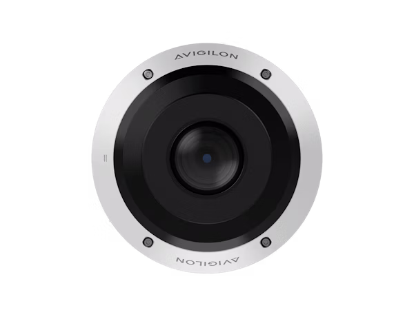 Front-facing view of an Avigilon H6A Fisheye security camera, showing its circular design, wide-angle lens, and sleek white and black housing.
