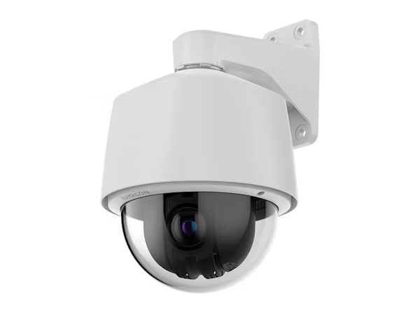 A white Avigilon H6A Pan-Tilt-Zoom (PTZ) security camera mounted on a wall bracket, featuring a clear dome housing and a high-performance lens.