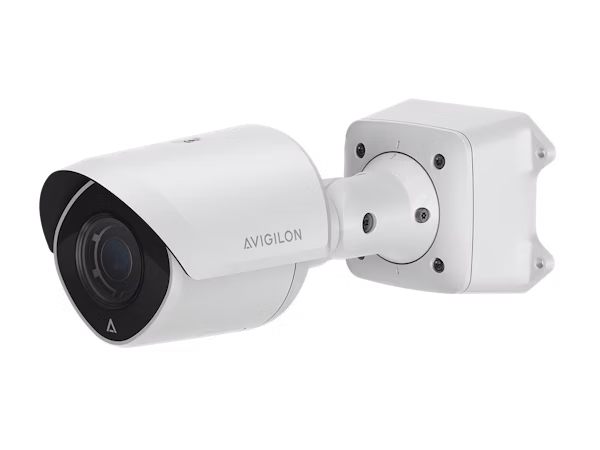 A white Avigilon H6SL bullet security camera mounted on a junction box, shown from a left-side profile against a white background.