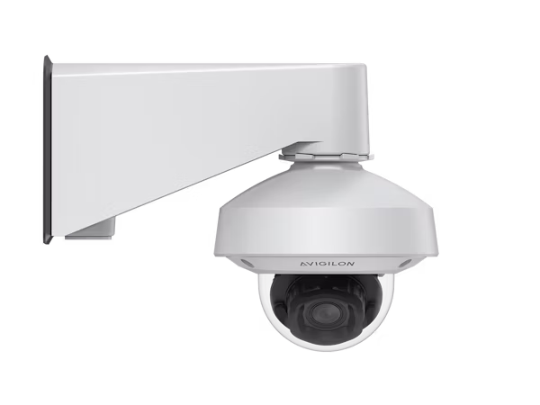 A white Avigilon H6SL dome camera mounted to a matching white wall arm bracket, shown from a side-profile view against a plain background.