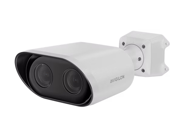 A white Avigilon L6A Enterprise LPR security camera with a dual-lens system and adjustable wall mount, isolated on a white background.