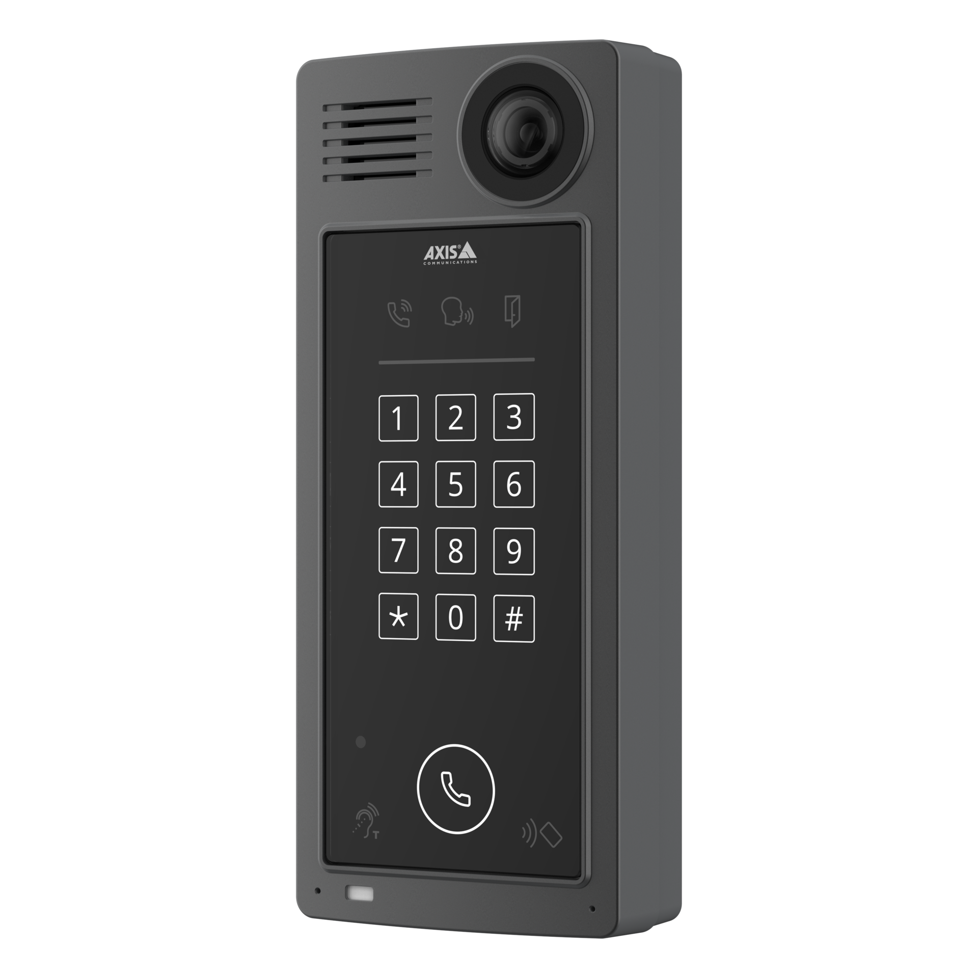 A dark grey AXIS network video door station featuring a built-in camera, keypad, and intercom button on a sleek touch interface.