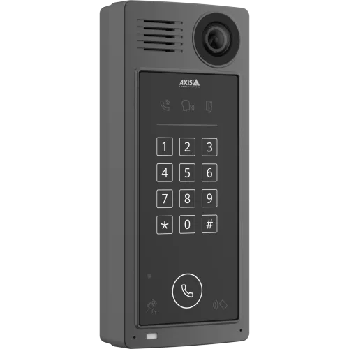 Angled view of a dark grey AXIS network video door station featuring a built-in camera, speaker, and a backlit touch keypad with a large call button.